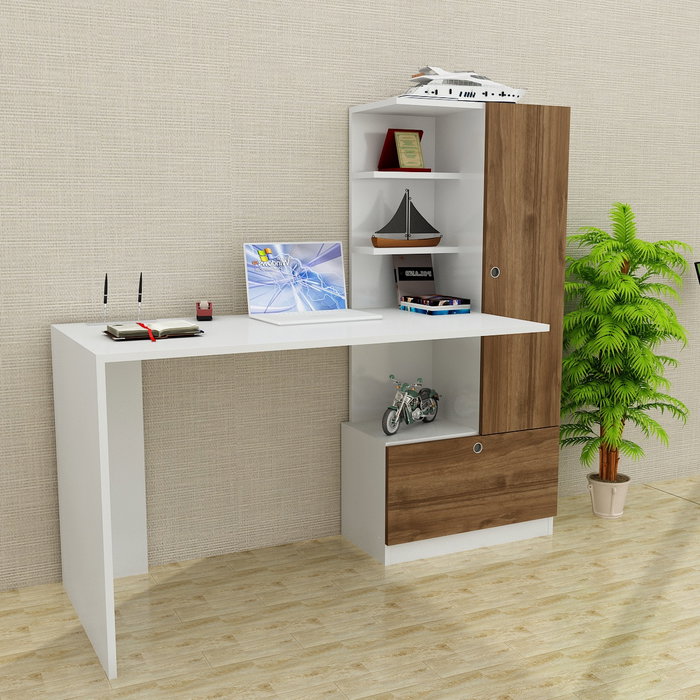 Hanah Home Escritorio de estudio escandinavo con estantería, Blanco y nogal Hanah Home Escritorio de estudio escandinavo con estantería, Blanco y nogal
